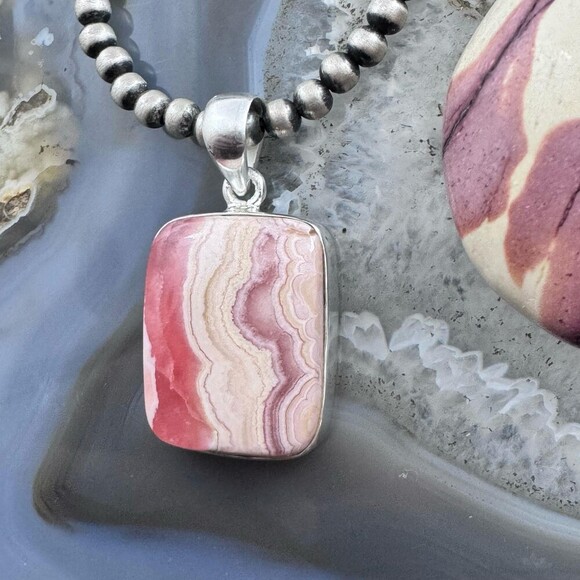 Sterling Silver Southwestern Style Rectangle Rhodochrosite Pendant For Women - Picture 5 of 10